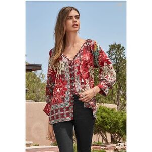 Johnny Was Silk IKAT Blise Blouse Gorgeous Rich Red Colors Classic Fit Boho XS